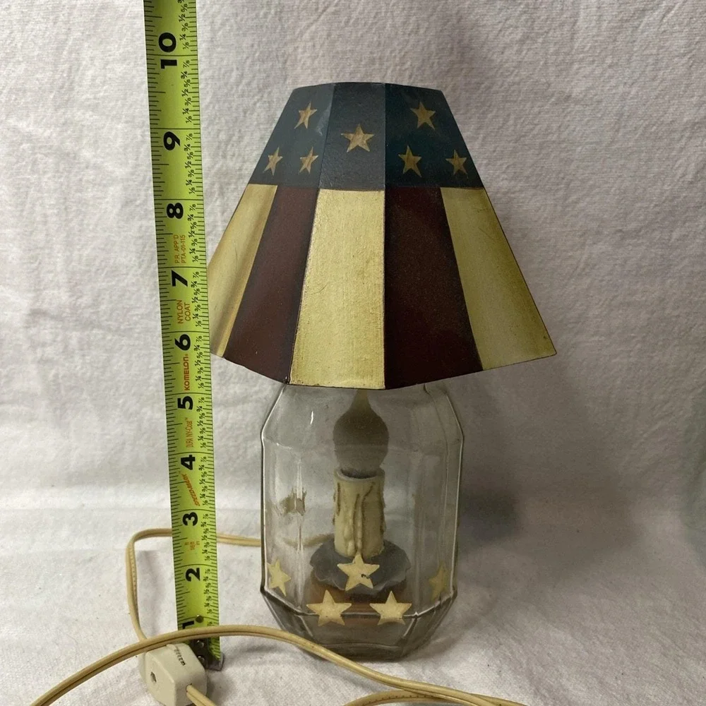 Red White Blue Americana Lamp Glass Bottom, Wood Shade Stars Flag